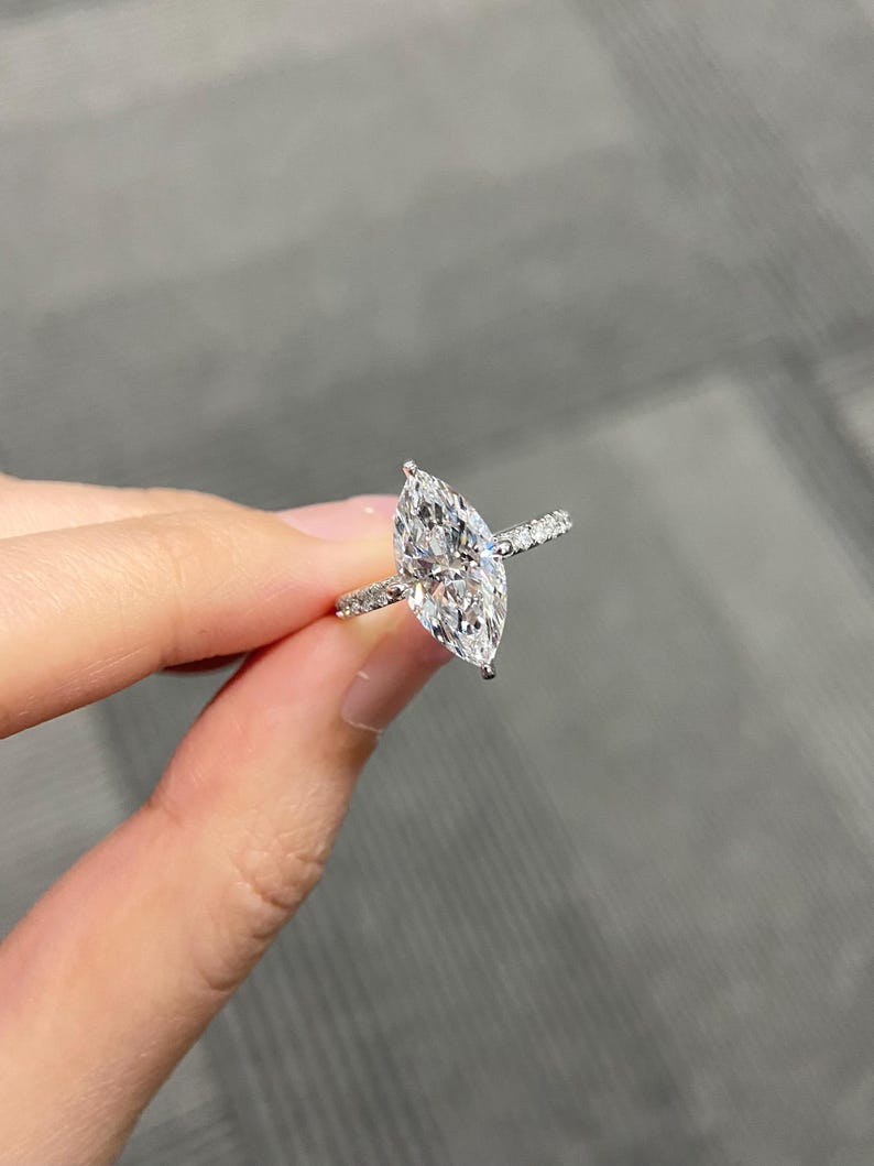 Marquise Shaped Three Stone Lab Grown Diamond Engagement Ring