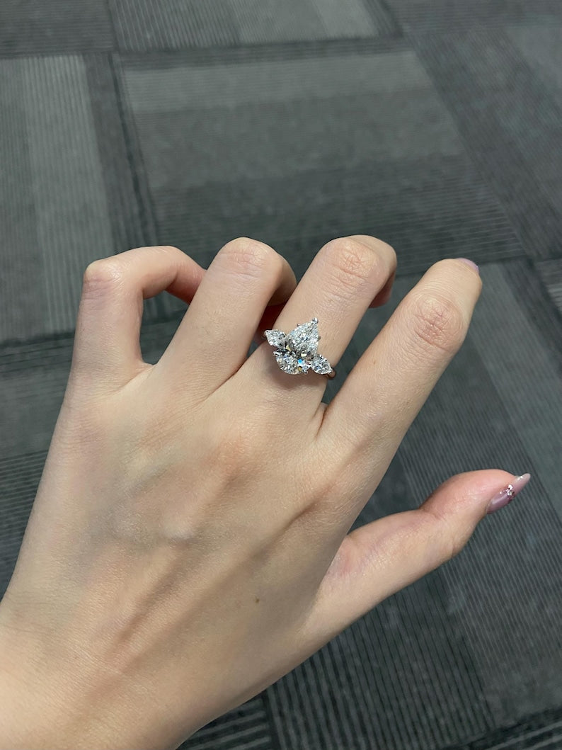 Marquise Shaped Three Stone Lab Grown Diamond Engagement Ring