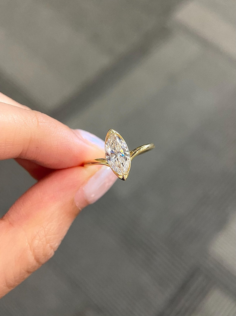 Marquise Shaped Three Stone Lab Grown Diamond Engagement Ring