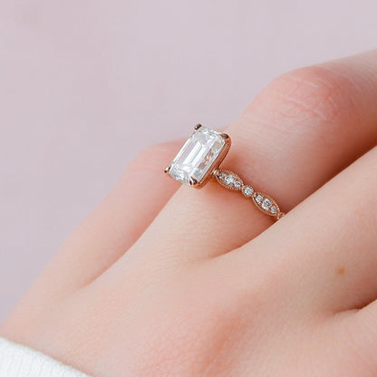 2.0 CT Emerald Milgrain Pave Vintage Style Moissanite Engagement Ring 3