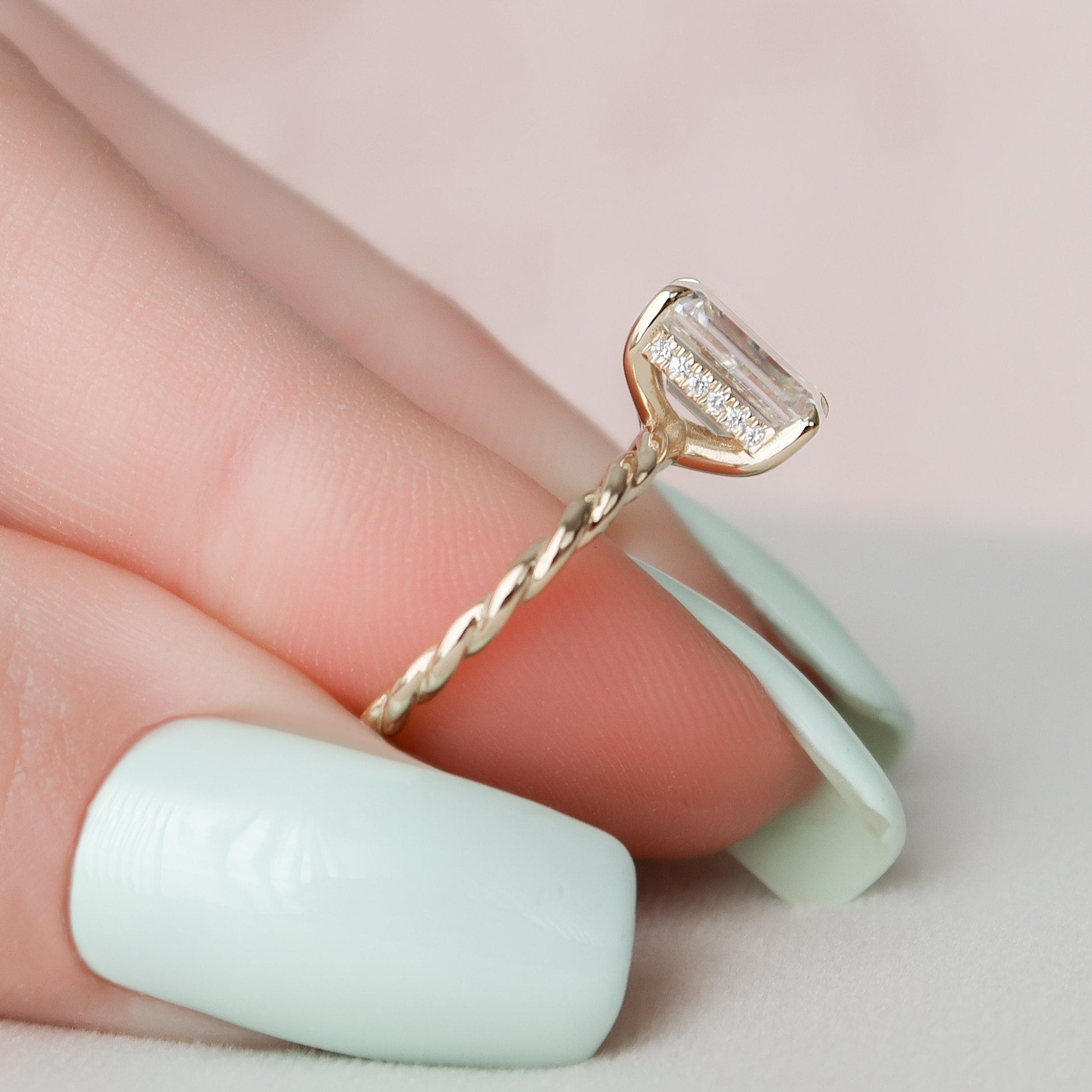 2.0 CT Emerald Twisted Shank Hidden Halo Moissanite Engagement Ring 7