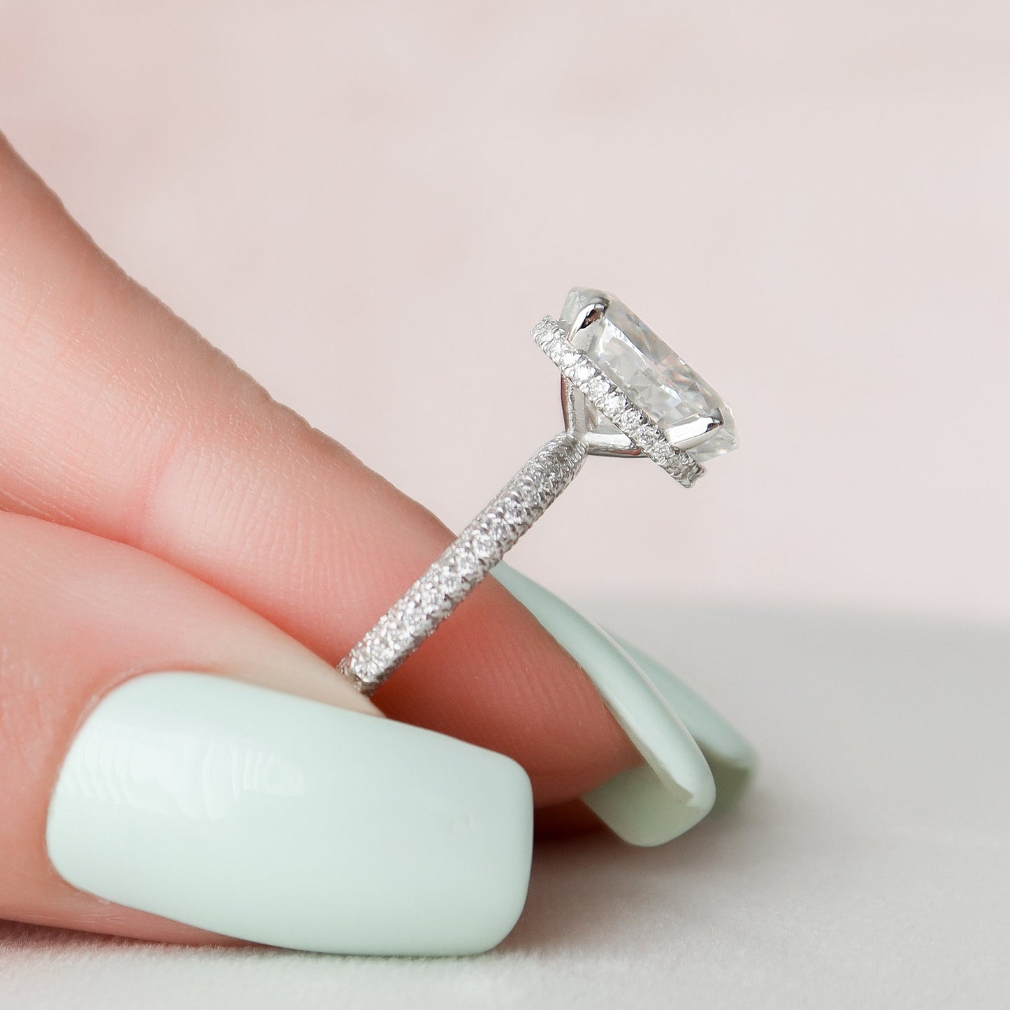 3.0 CT Oval Hidden Halo Pave Setting Moissanite Engagement Ring 7