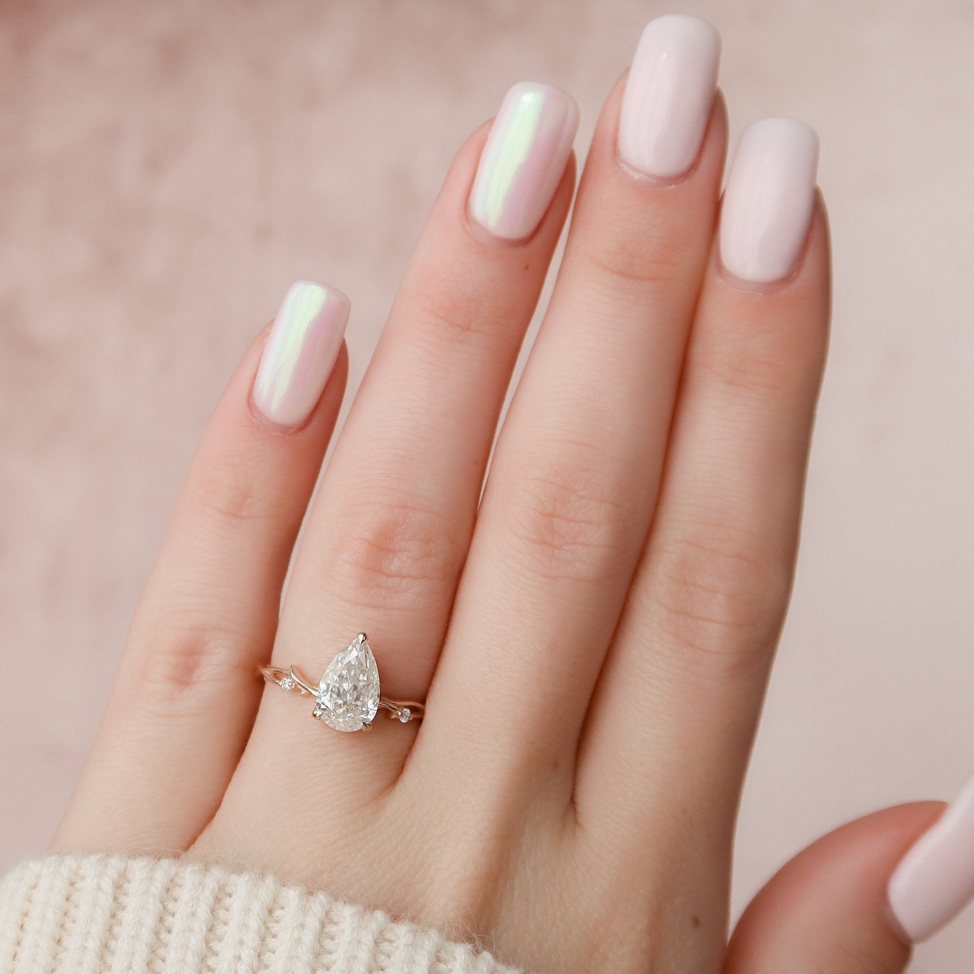 1.5 CT Pear Cut Twig Pave Moissanite Engagement Ring 8