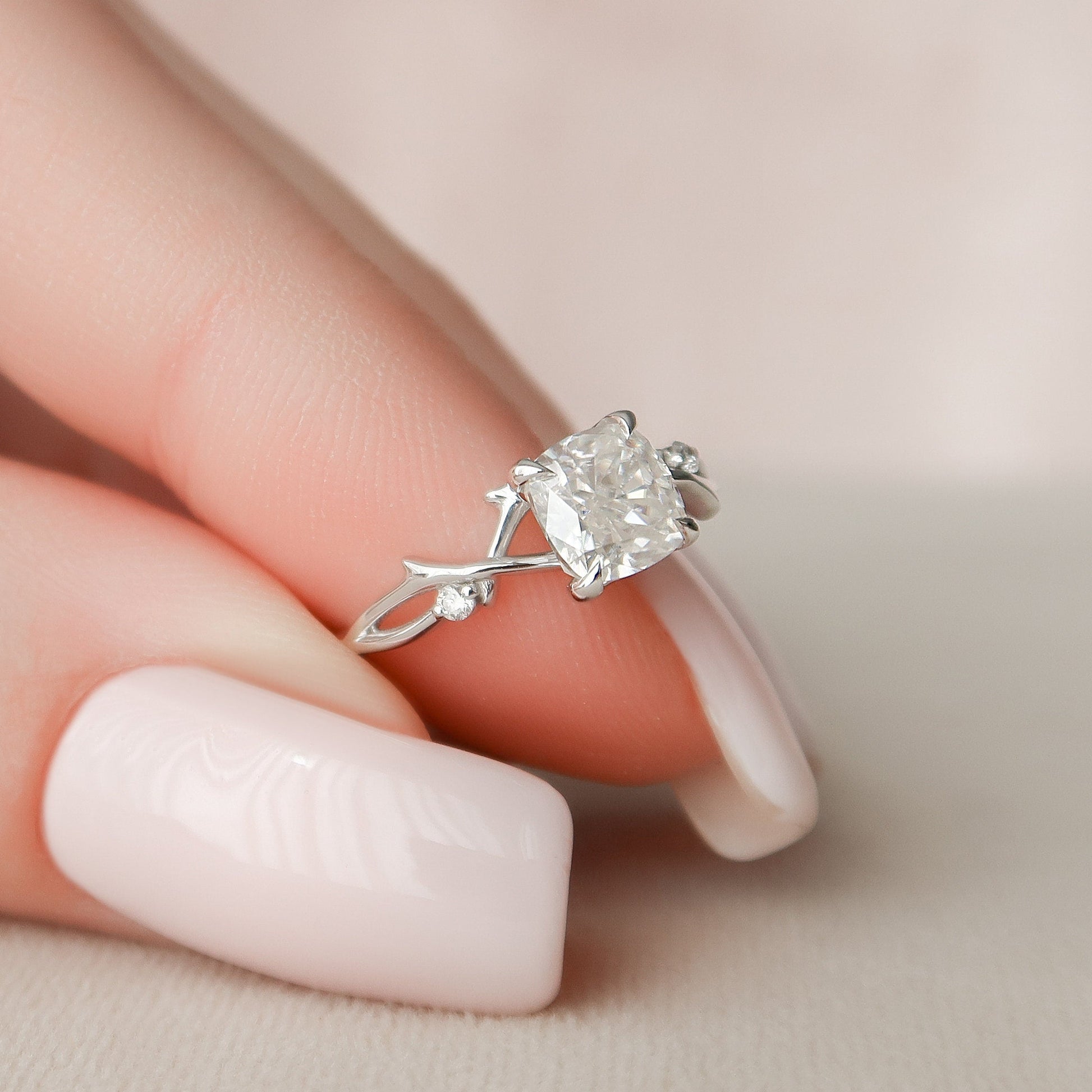 1.0 CT Cushion Twig Pave Setting Moissanite Engagement Ring 7