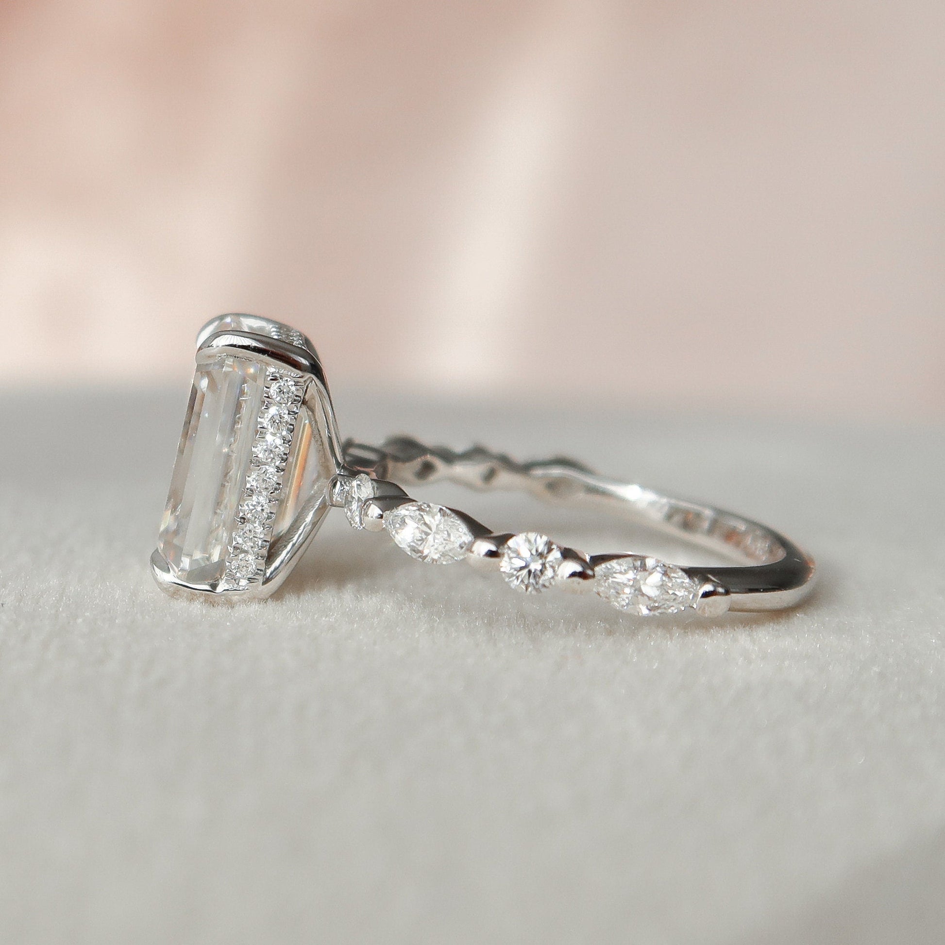 3.0 CT Emerald Cut Hidden Halo Pave Setting Moissanite Engagement Ring 8