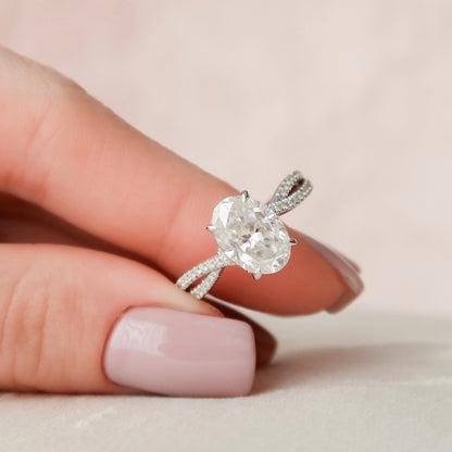 3.0 CT Oval Cut Hidden Halo Criss Cross Pave Moissanite Engagement Ring 2