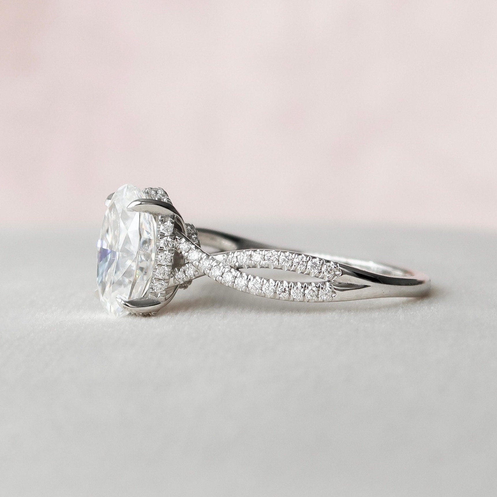 3.0 CT Oval Cut Hidden Halo Criss Cross Pave Moissanite Engagement Ring 5
