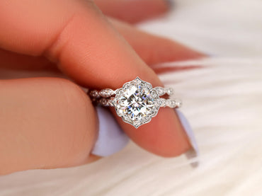 1.7 CT Cushion Cut Floral Halo & Pave Lab Grown Diamond Bridal Ring Set