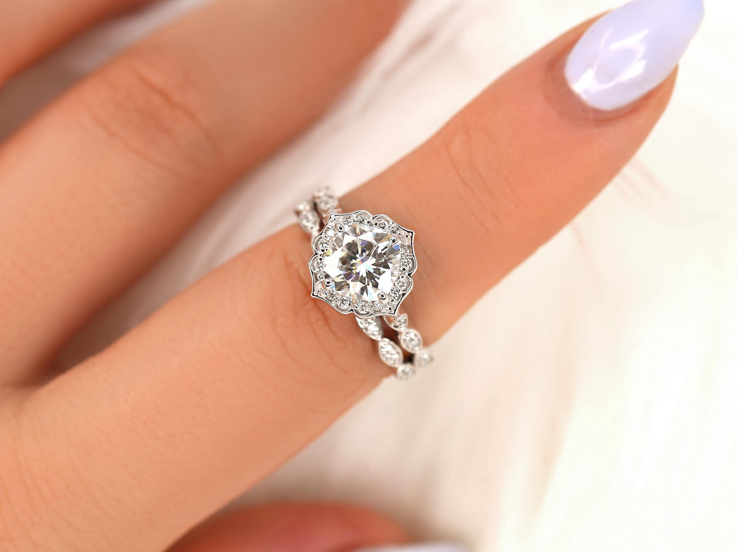 1.7 CT Cushion Cut Floral Halo & Pave Lab Grown Diamond Bridal Ring Set