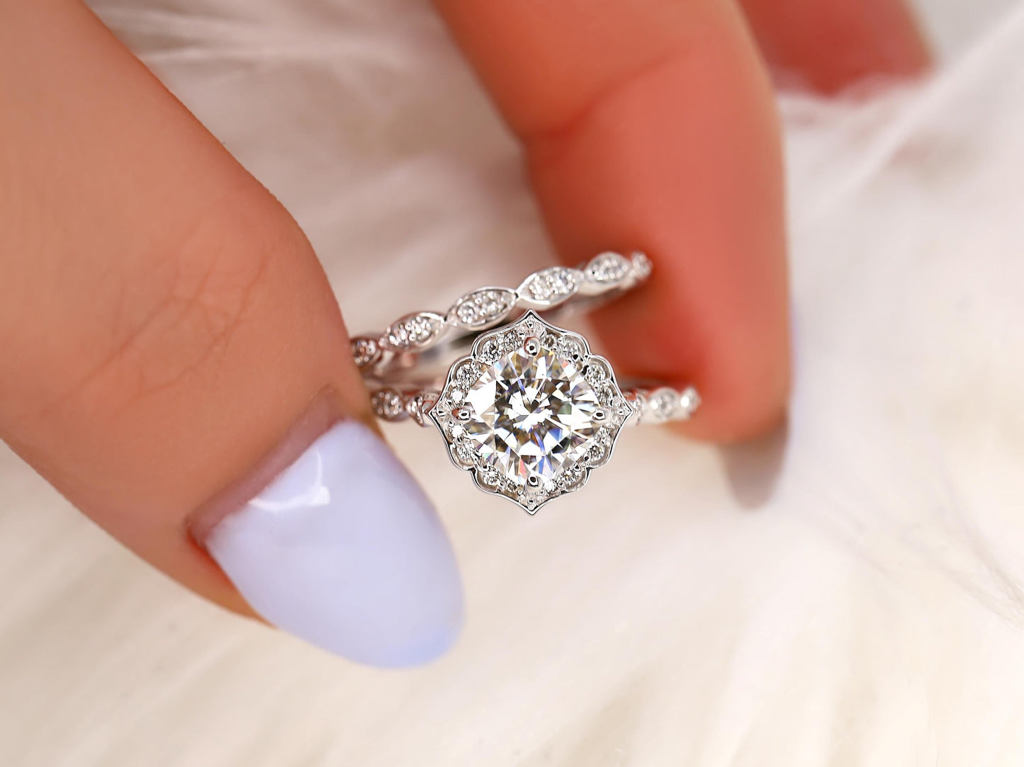 1.7 CT Cushion Cut Floral Halo & Pave Lab Grown Diamond Bridal Ring Set