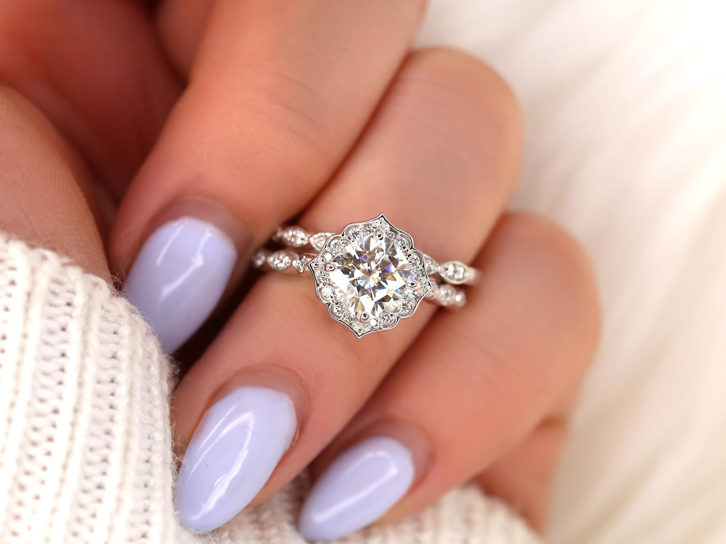 1.7 CT Cushion Cut Floral Halo & Pave Lab Grown Diamond Bridal Ring Set