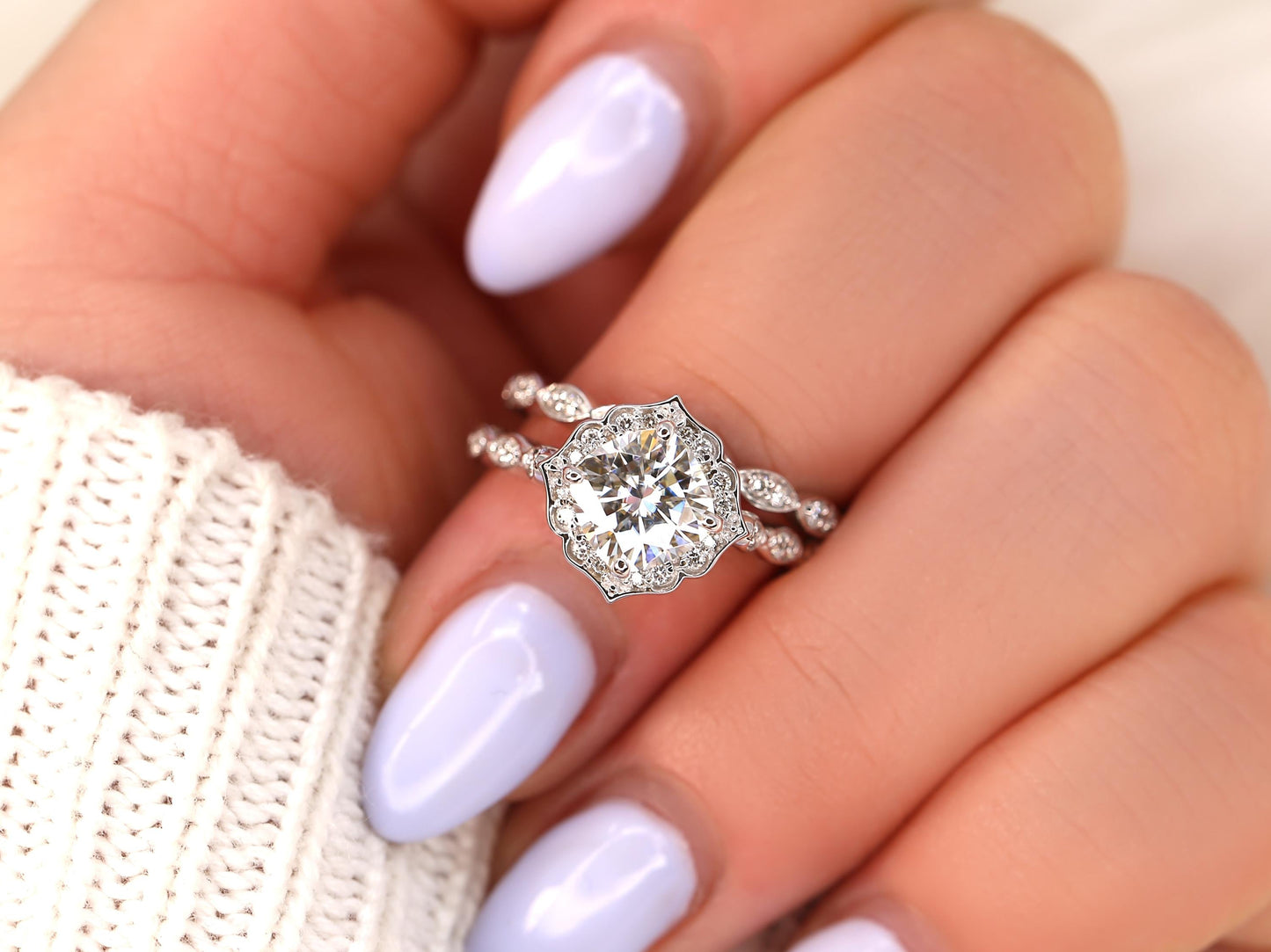 1.7 CT Cushion Cut Floral Halo & Pave Lab Grown Diamond Bridal Ring Set