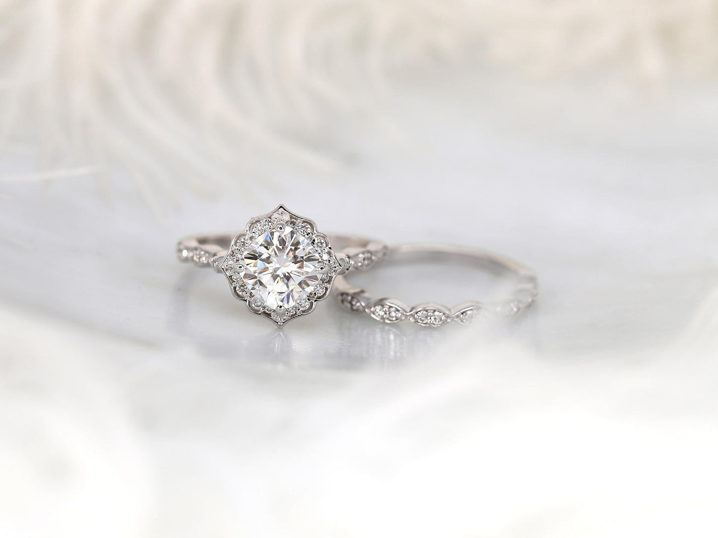 1.7 CT Cushion Cut Floral Halo & Pave Lab Grown Diamond Bridal Ring Set
