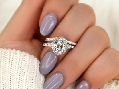 2 CT Oval Cut Halo & Pave Lab Grown Diamond Bridal Ring Set