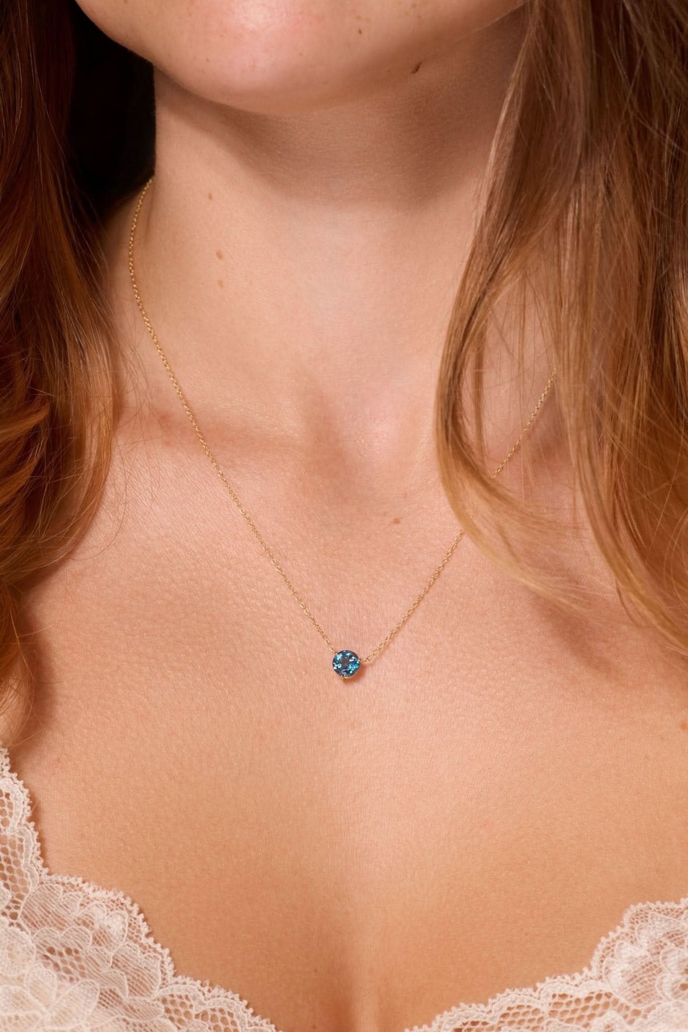 Round Solitaire Blue Topaz Gemstone Necklace