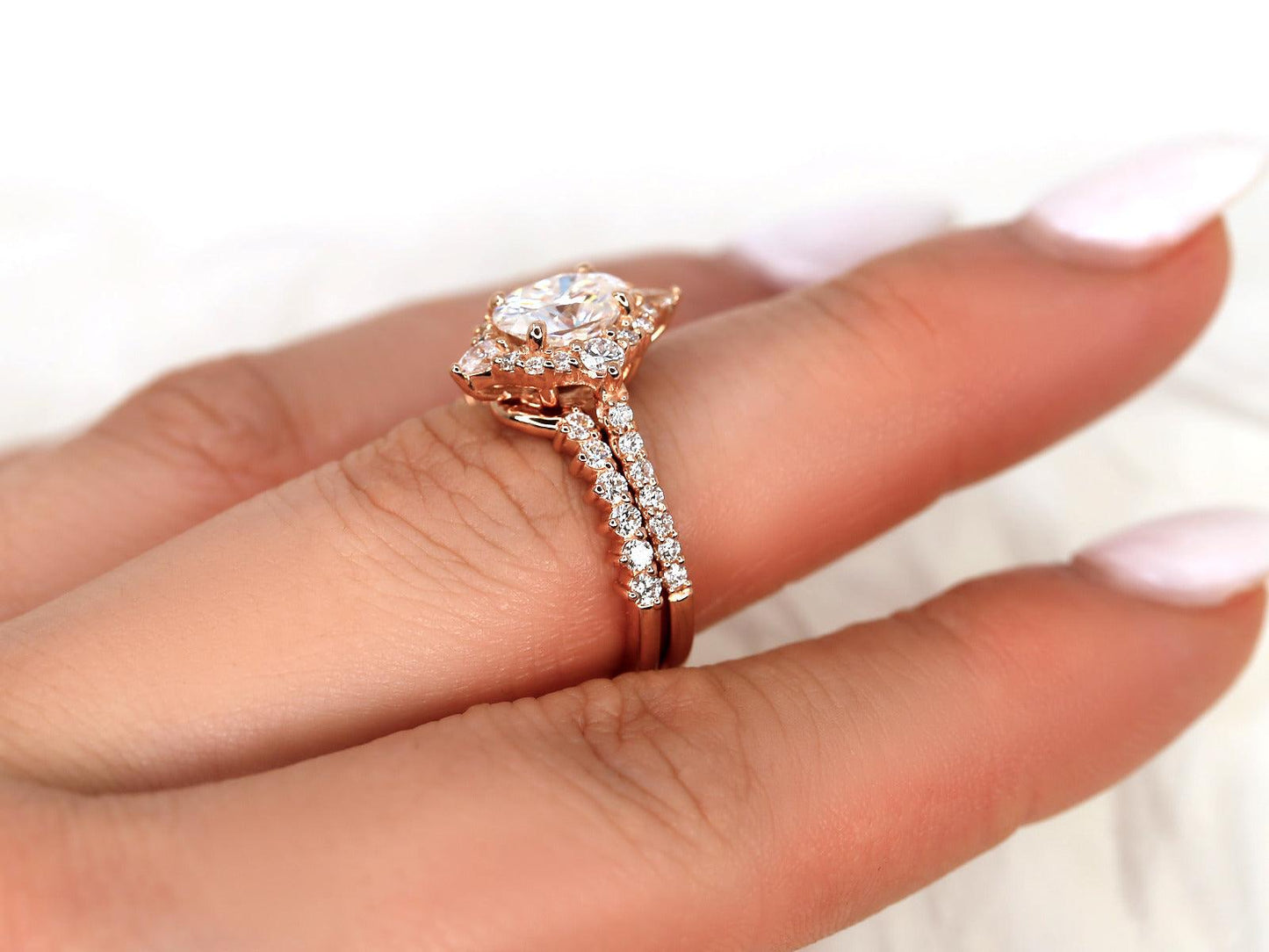 1.5 CT Oval Cut Halo & Pave  Lab Grown Diamond Bridal Ring Set