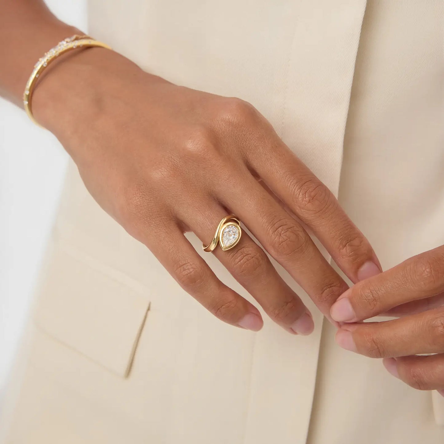 Timeless 1.1 CT Pear Cut Swirl Solitaire & Bezel Setting Lab Grown Diamond Engagement Ring