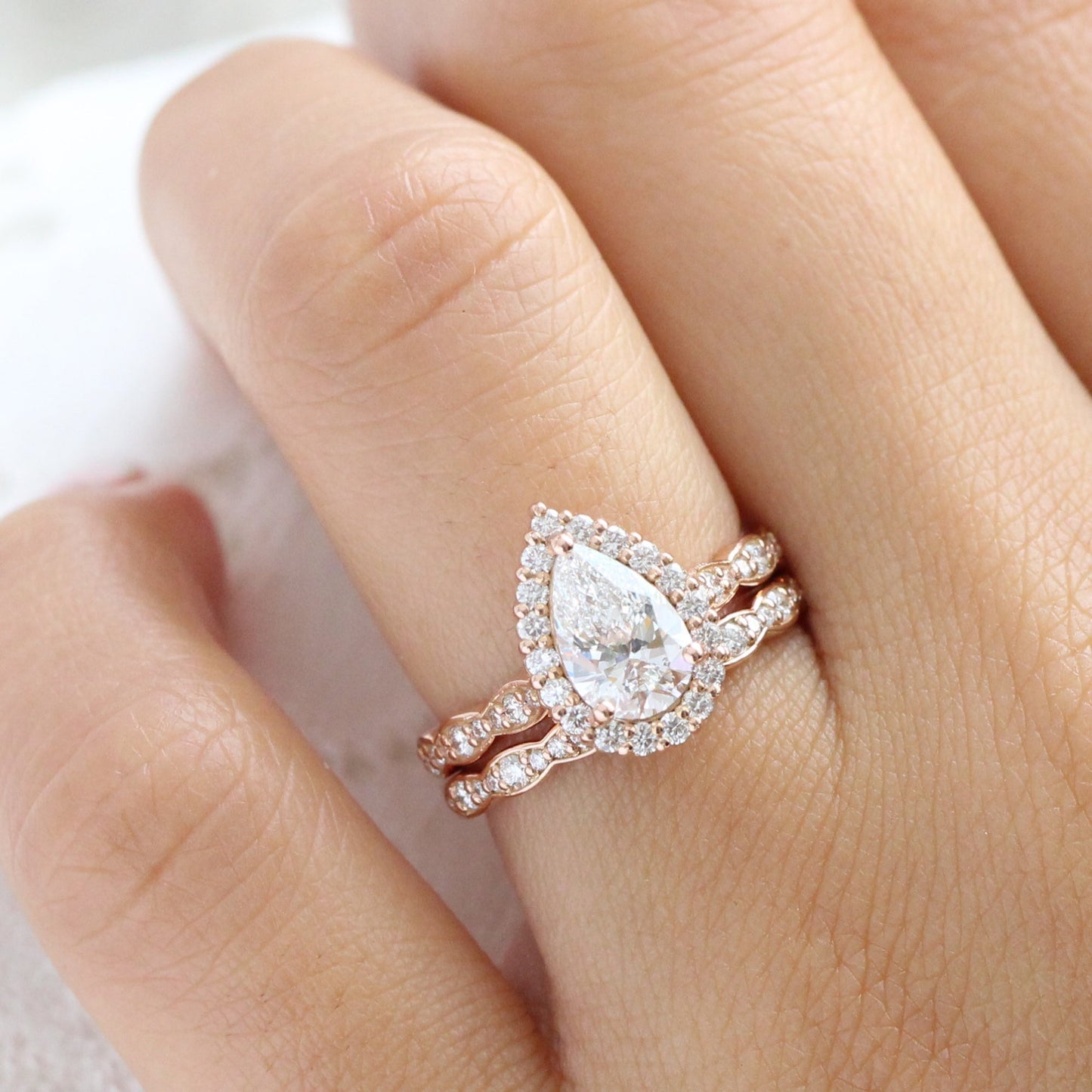 1.2 CT Pear Cut Curved Halo & Pave Lab Grown Diamond Bridal Ring Set