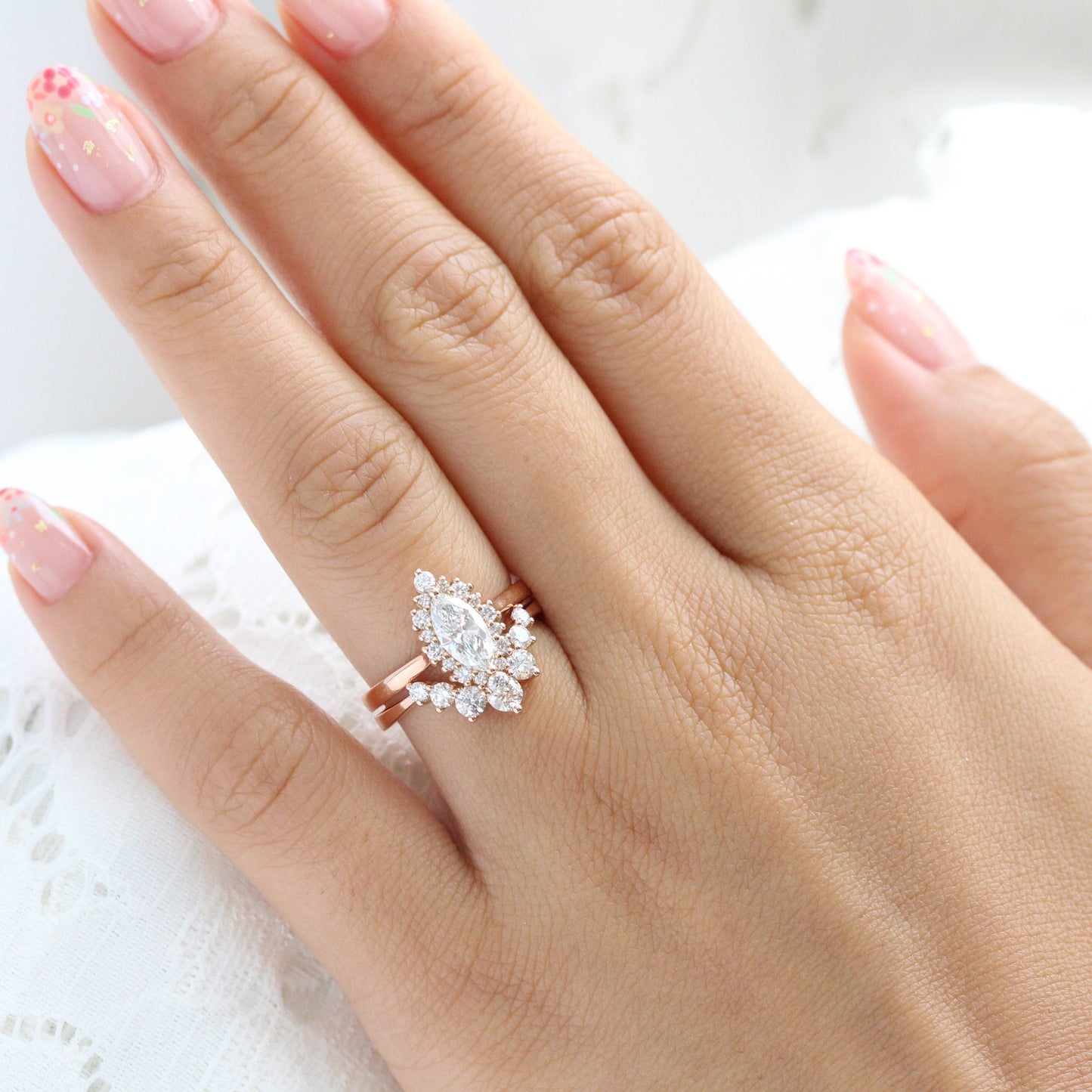 0.7 CT Marquise Cut Halo Style Lab Grown Diamond Bridal Ring Set