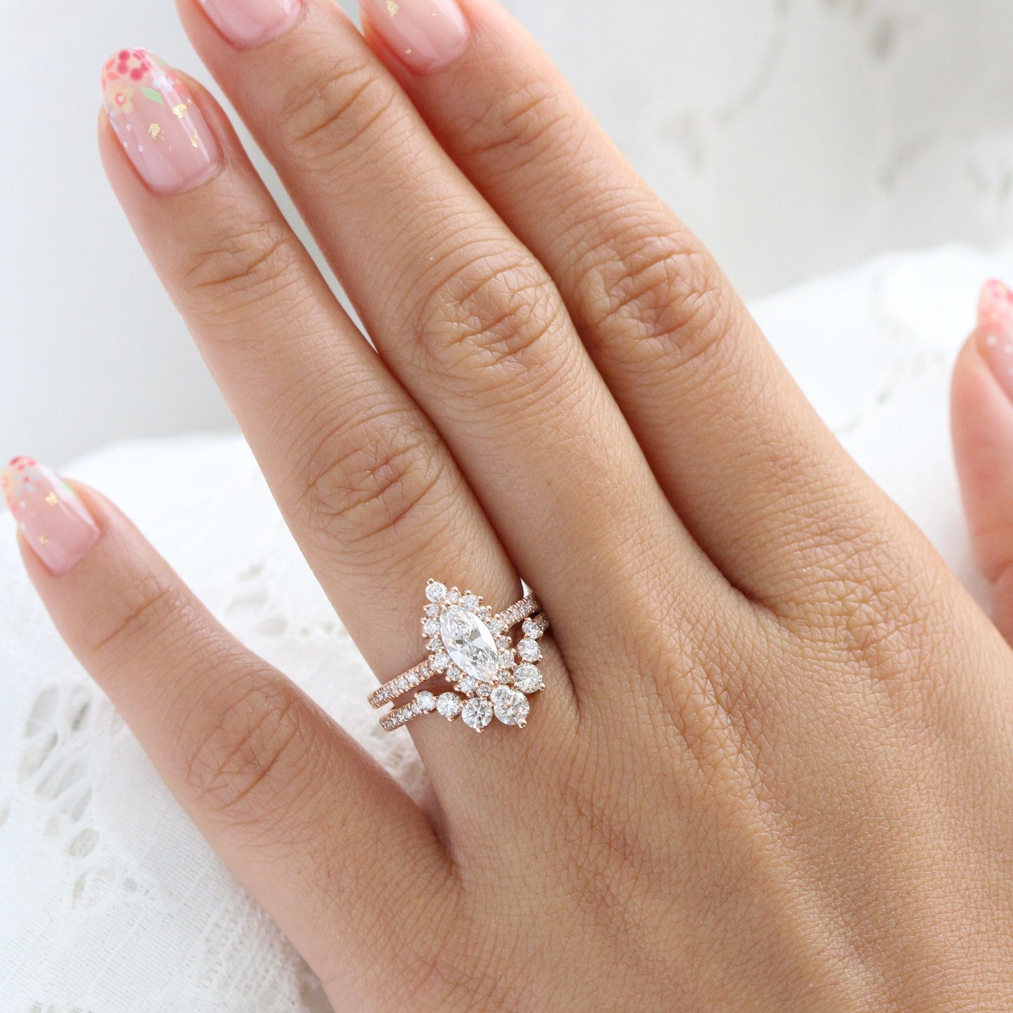 0.7 CT Marquise Cut Curved Pave Lab Grown Diamond Bridal Ring Set