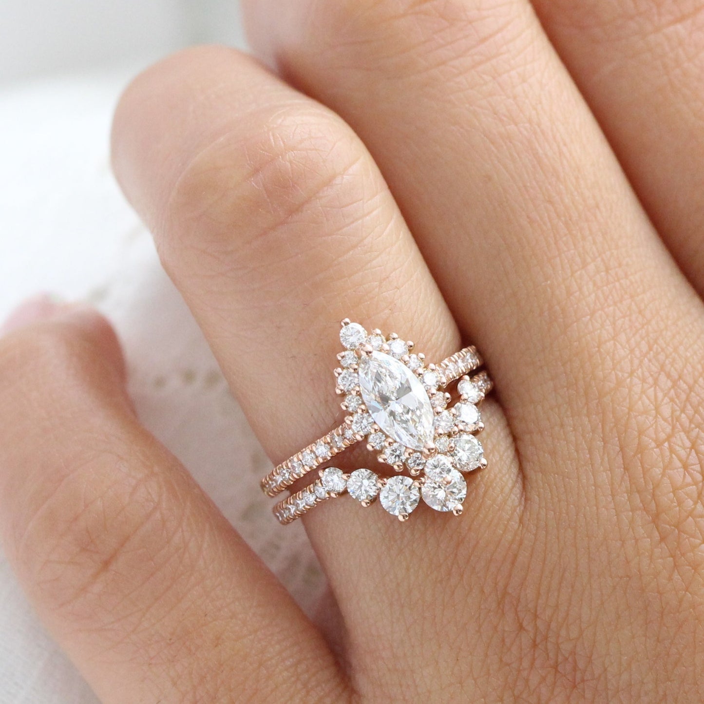 0.7 CT Marquise Cut Curved Pave Lab Grown Diamond Bridal Ring Set