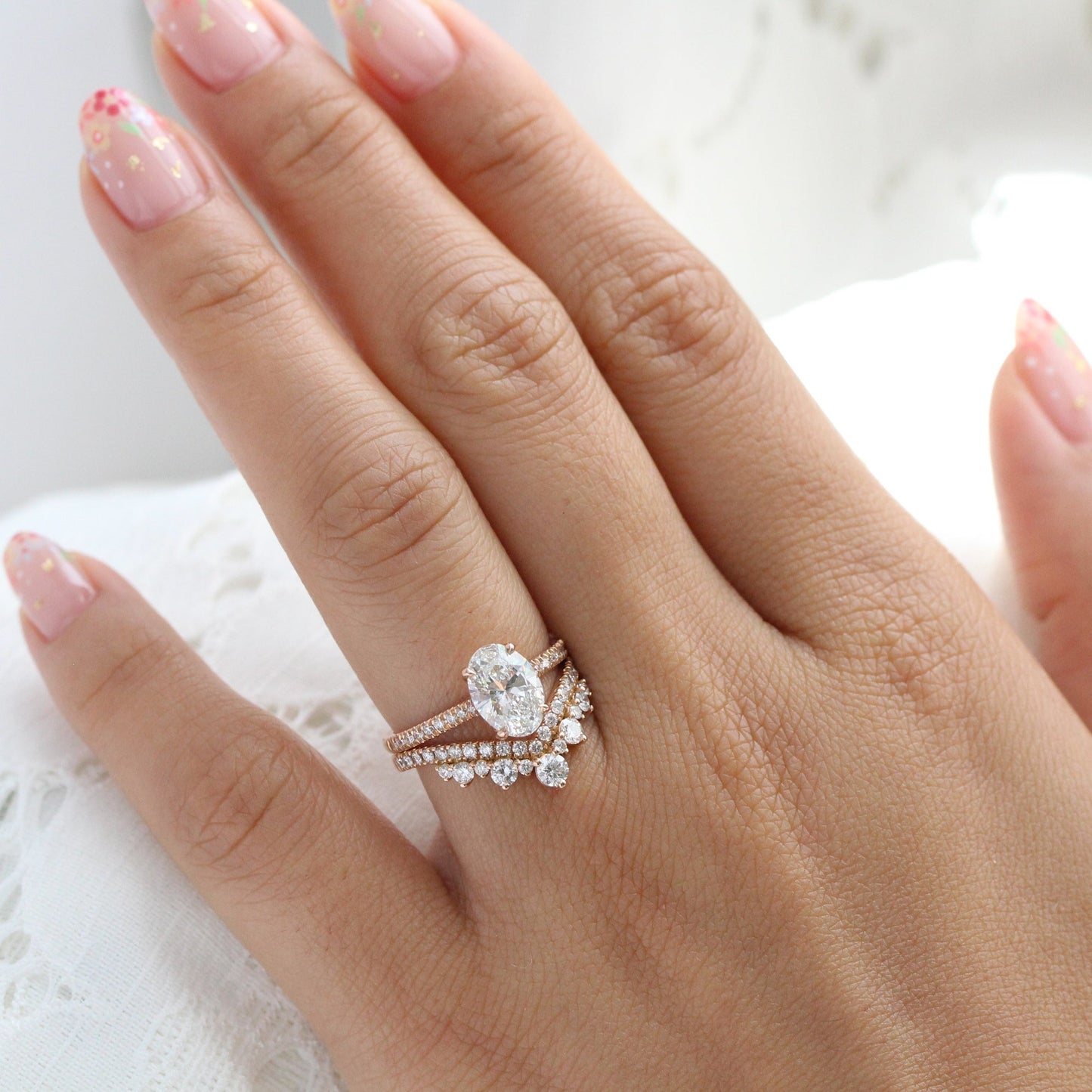 1.5 CT Oval Cut Vintage Lab Grown Diamond Bridal Ring Set