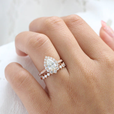 1.2 CT Pear Cut Halo & Pave Lab Grown Diamond Bridal Ring Set
