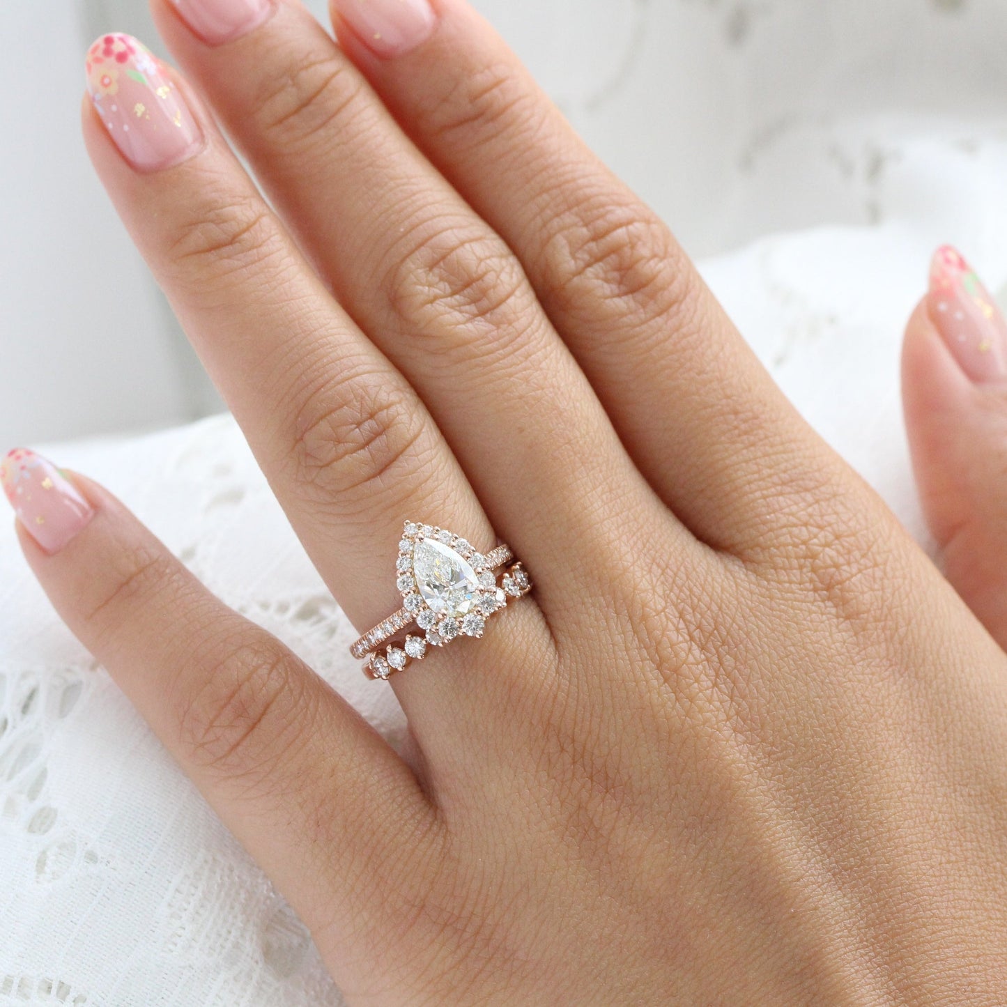 1.2 CT Pear Cut Halo & Pave Lab Grown Diamond Bridal Ring Set