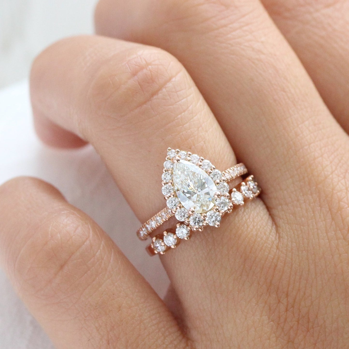 1.2 CT Pear Cut Halo & Pave Lab Grown Diamond Bridal Ring Set