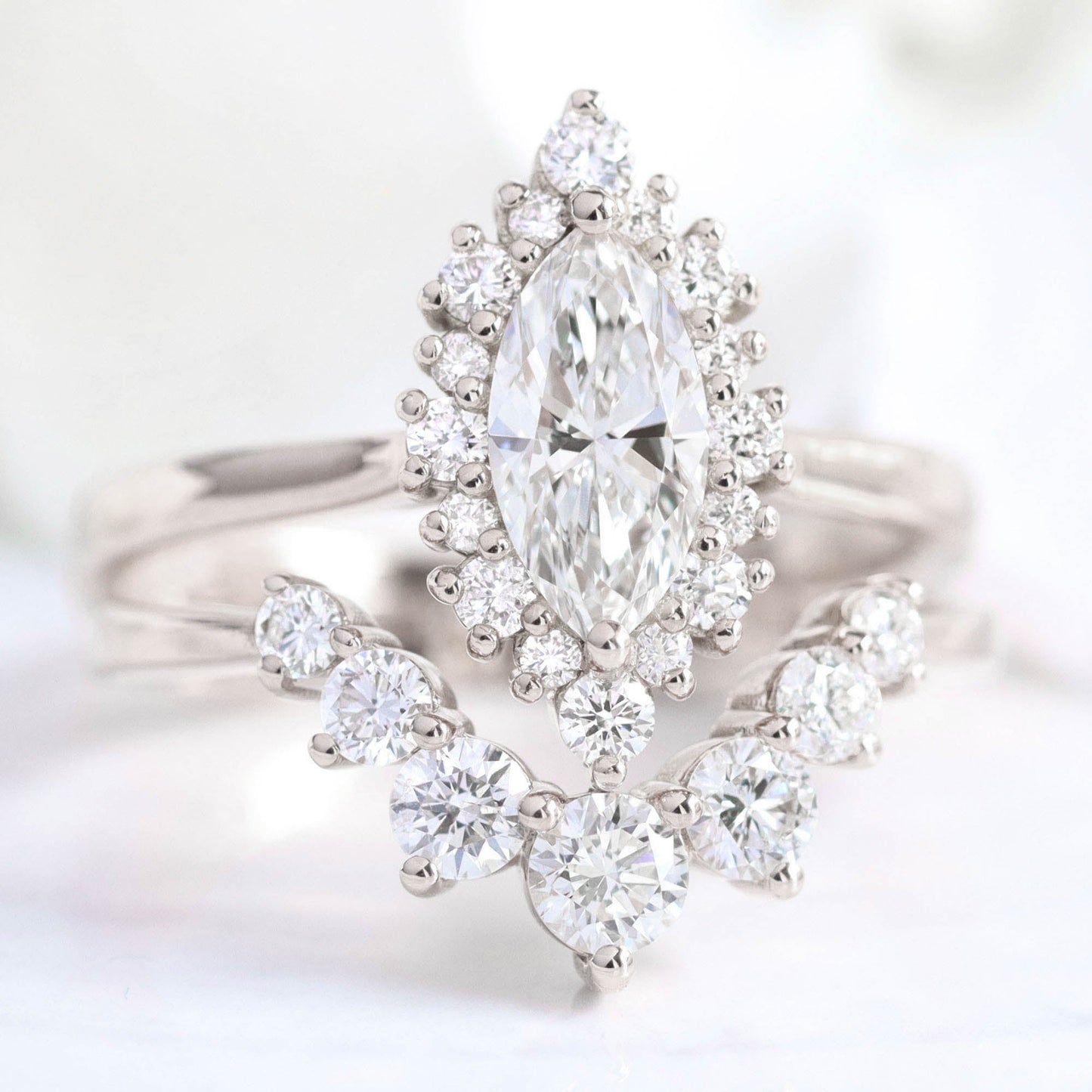 0.7 CT Marquise Cut Halo Style Lab Grown Diamond Bridal Ring Set