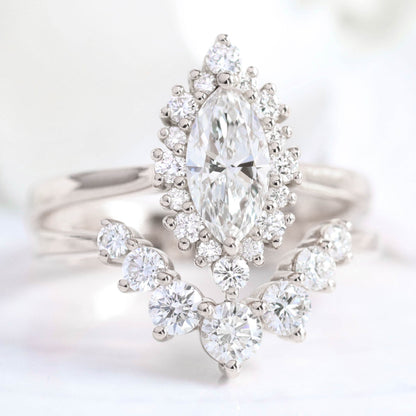 0.7 CT Marquise Cut Halo Style Lab Grown Diamond Bridal Ring Set