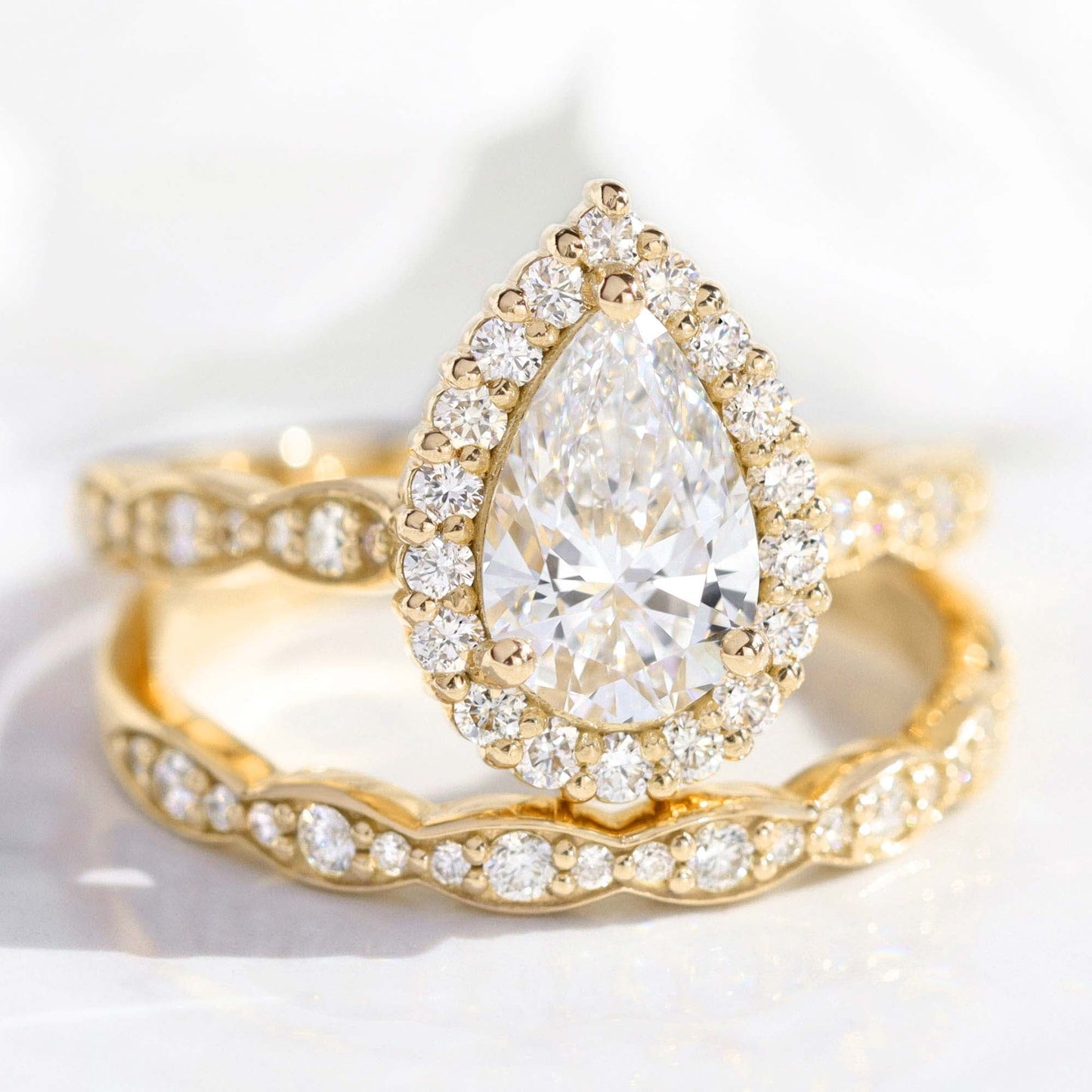 1.2 CT Pear Cut Curved Halo & Pave Lab Grown Diamond Bridal Ring Set