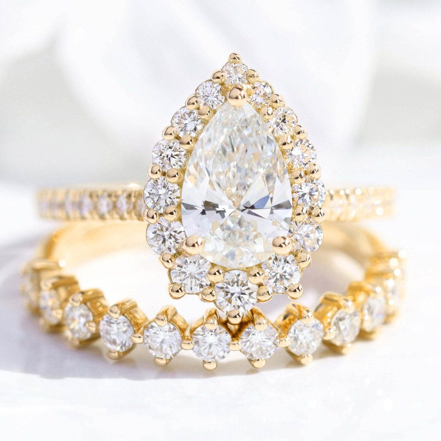 1.2 CT Pear Cut Halo & Pave Lab Grown Diamond Bridal Ring Set