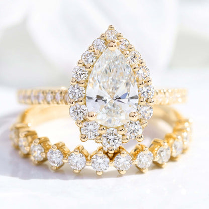 1.2 CT Pear Cut Halo & Pave Lab Grown Diamond Bridal Ring Set