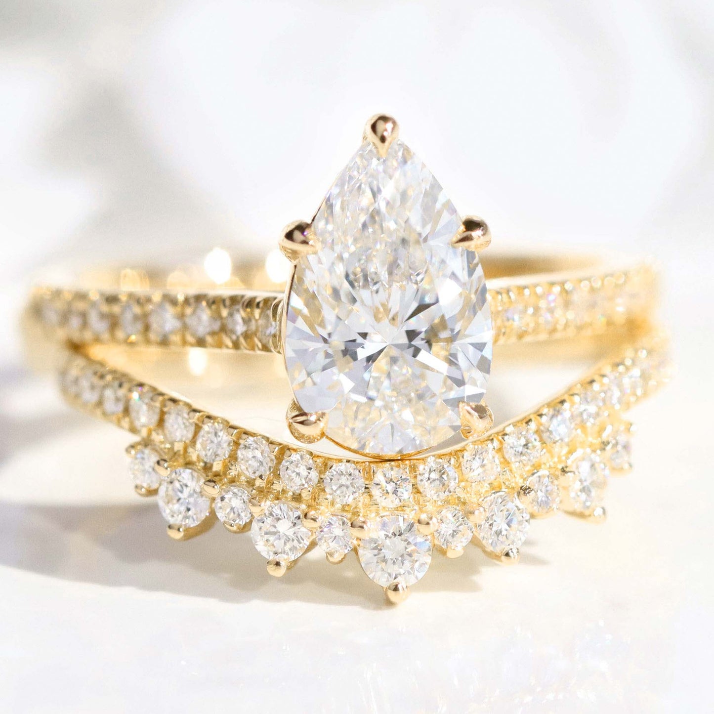 1.5 CT Pear Cut Curved Vintage Pave  Lab Grown Diamond Bridal Ring Set