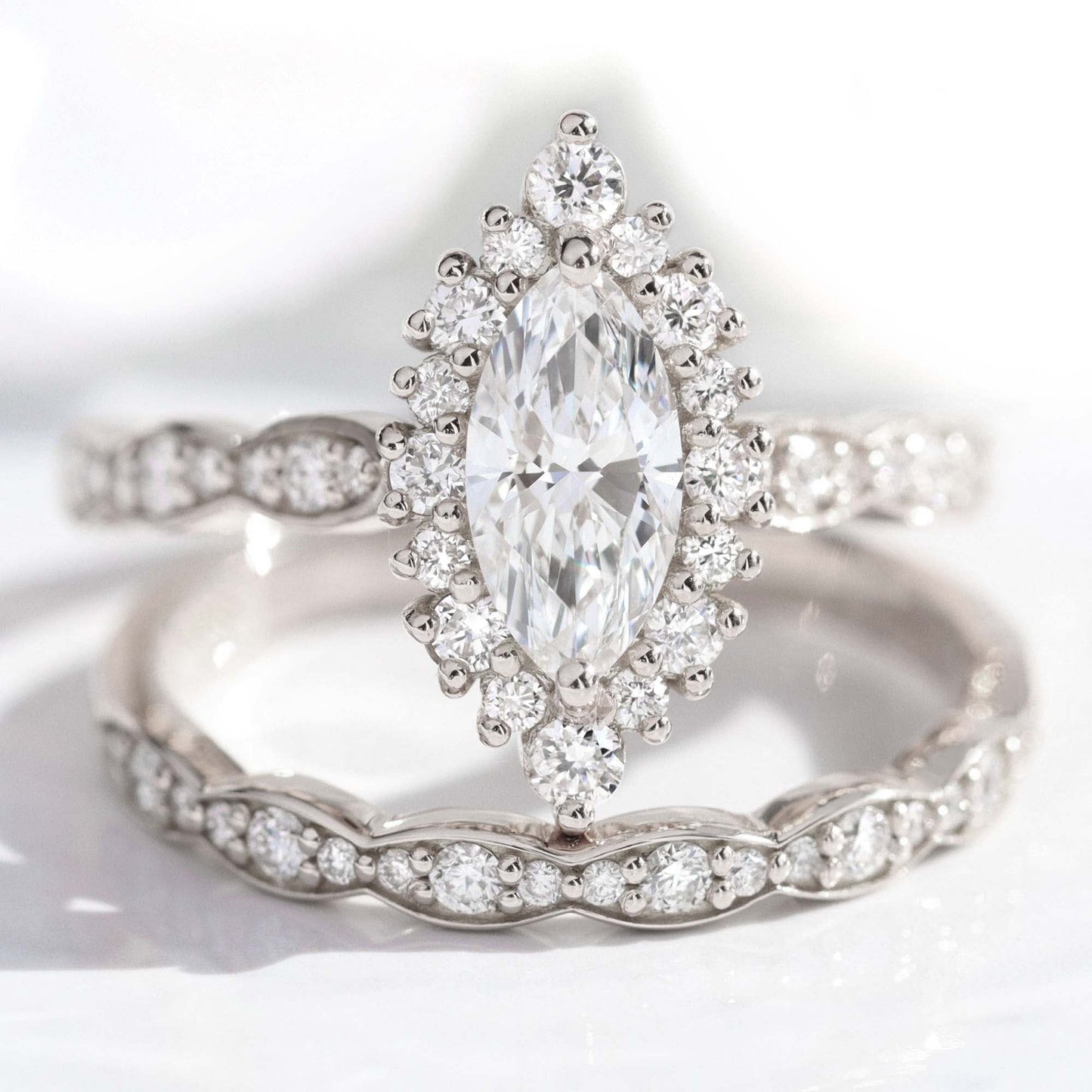 0.7 CT Marquise Cut Halo & Pave Lab Grown Diamond  Bridal Ring Set