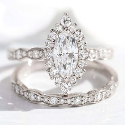 0.7 CT Marquise Cut Halo & Pave Lab Grown Diamond  Bridal Ring Set