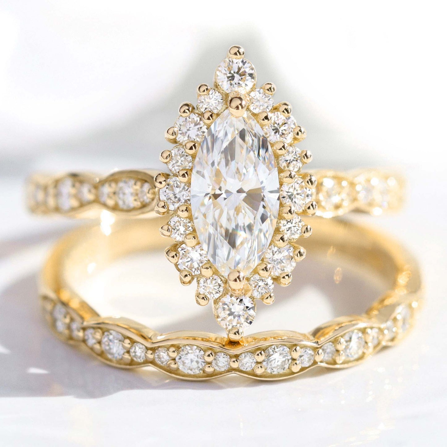 0.7 CT Marquise Cut Halo & Pave Lab Grown Diamond  Bridal Ring Set