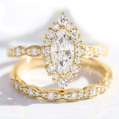 0.7 CT Marquise Cut Halo & Pave Lab Grown Diamond  Bridal Ring Set