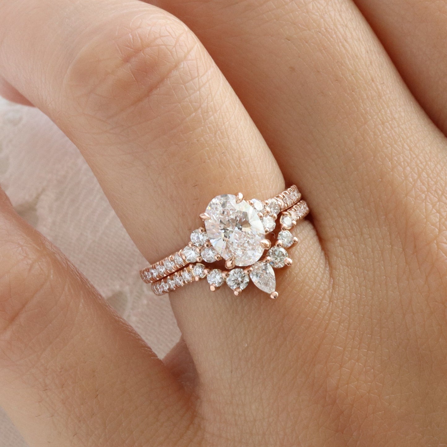 1.2 CT Oval Cut Vintage Cluster Lab Grown Diamond Bridal Ring Set