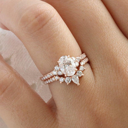 1.2 CT Oval Cut Vintage Cluster Lab Grown Diamond Bridal Ring Set