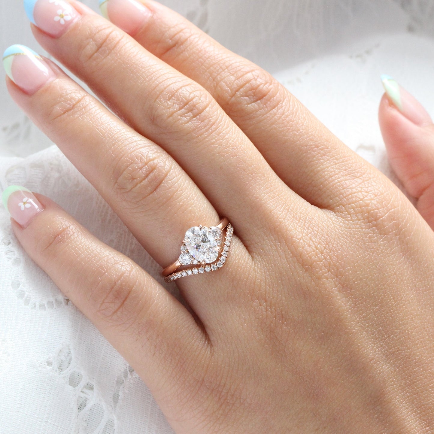 1.5 CT Oval Cut 3 Stones Lab Grown Diamond  Bridal Ring Set