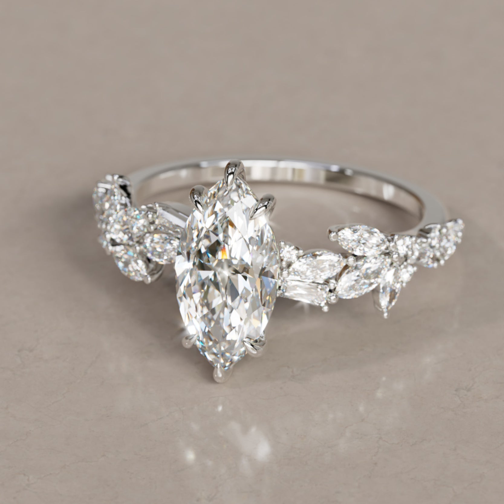Marquise Shaped Three Stone Lab Grown Diamond Engagement Ring