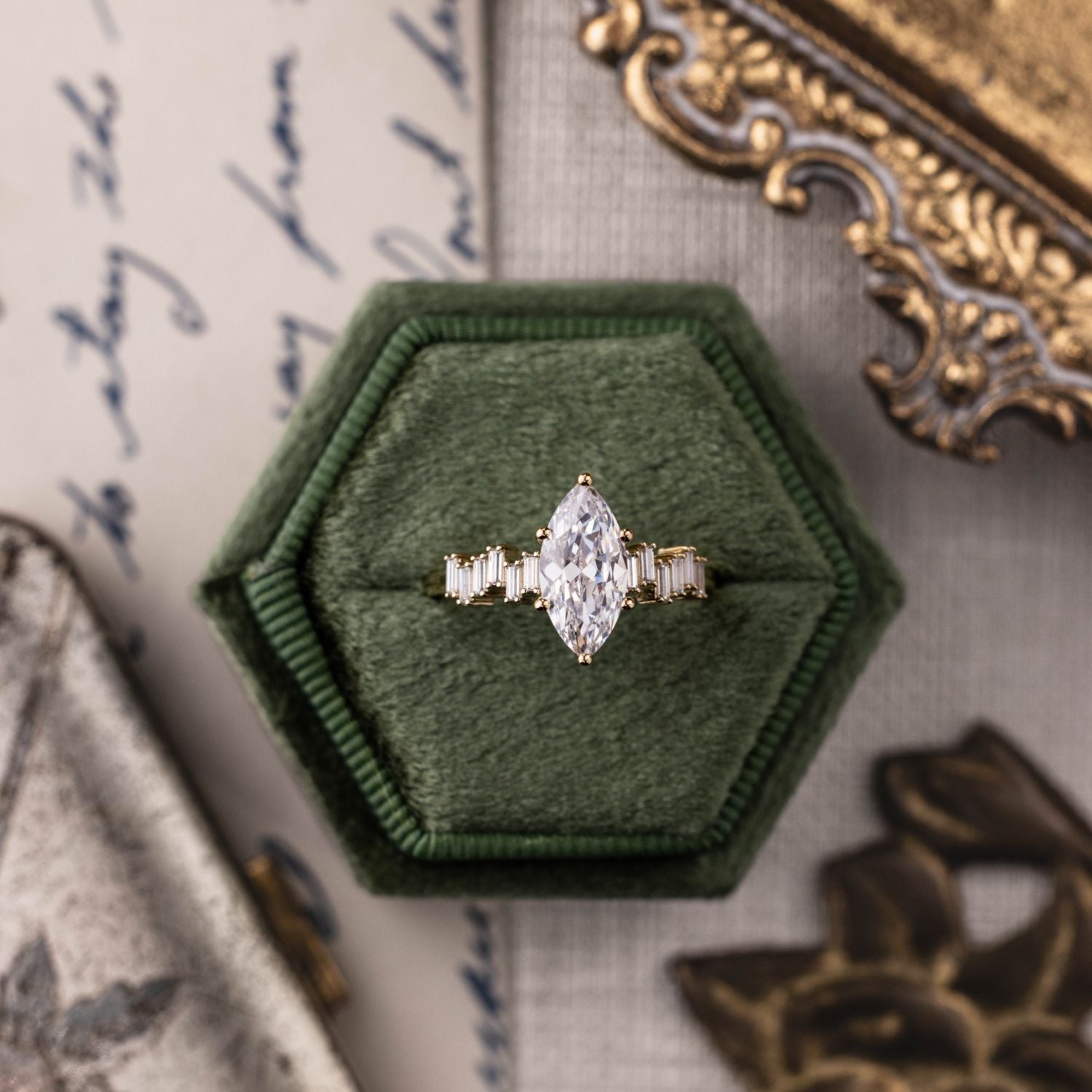 Marquise Shaped Three Stone Lab Grown Diamond Engagement Ring