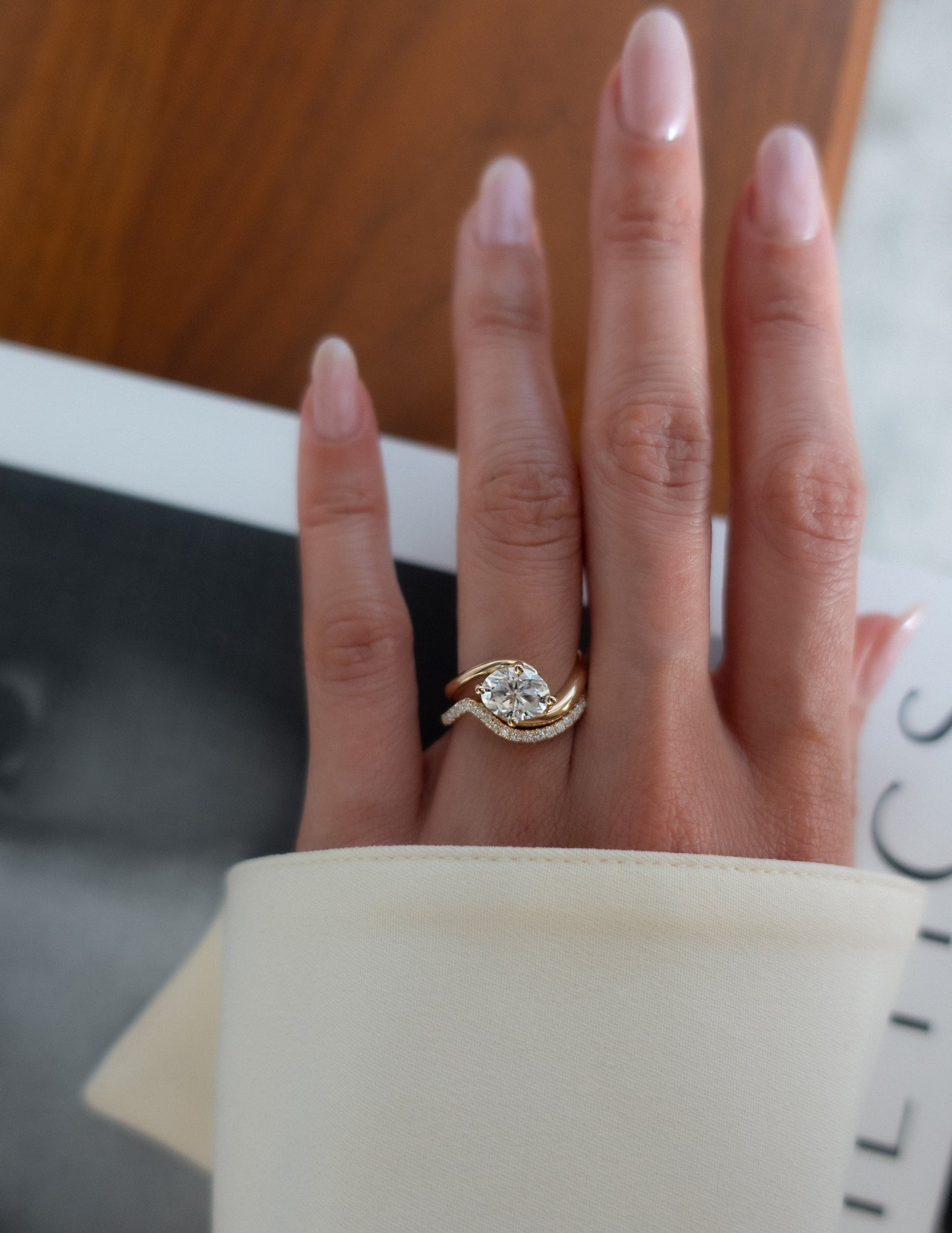 1.5 CT East West Oval Lab Grown Engagement Ring with Minimal Pave Stacking Band