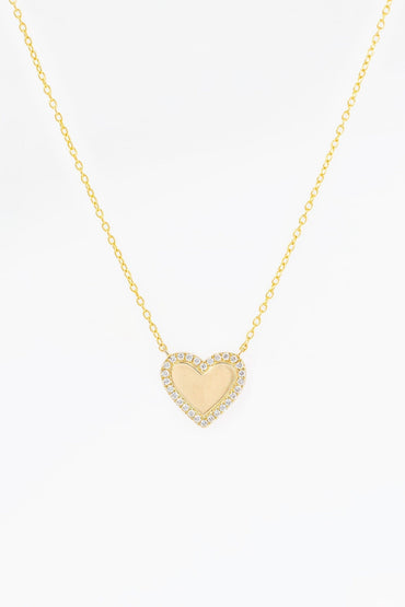 0.12 CT Round Pavé Border Engravable Heart Lab Grown Diamond Necklace in Solid Gold