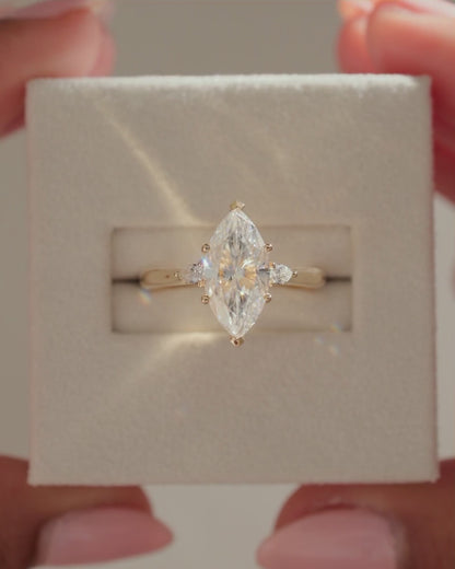 Marquise Shaped Three Stone Lab Grown Diamond Engagement Ring In 2 Carats