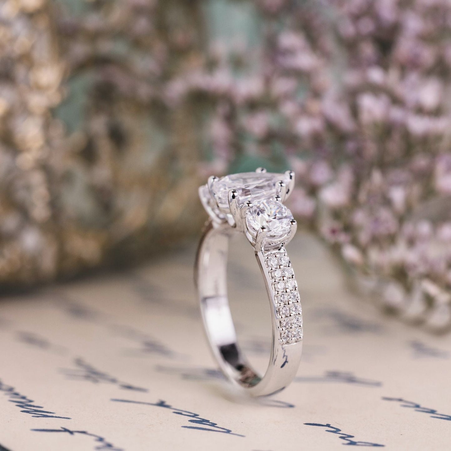 Marquise Shaped Three Stone Lab Grown Diamond Engagement Ring