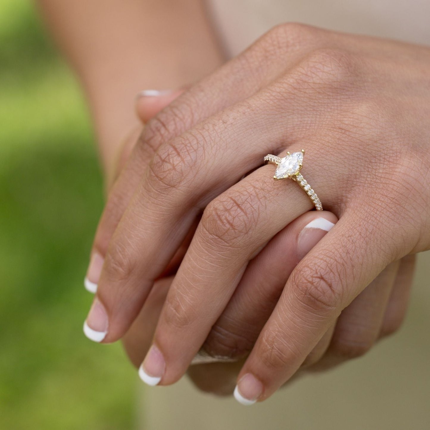 Marquise Shaped Three Stone Lab Grown Diamond Engagement Ring