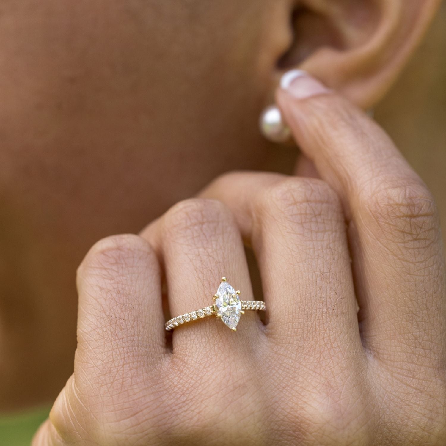 Marquise Shaped Three Stone Lab Grown Diamond Engagement Ring